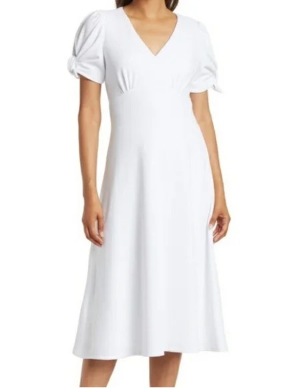 Calvin Klein White V‑Neck Midi Dress with Puff Tie Sleeves and A‑Line Skirt